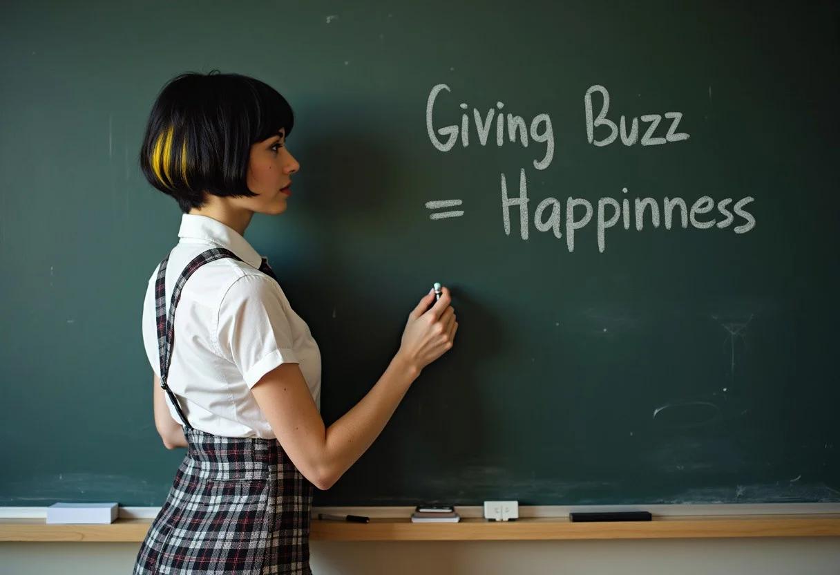 solo, ((stylish short black hair with yellow highlights and bangs)), ( Very pale ), beautiful female teacher writing on a black board, Dark makeup, ((tight plaid very short skirt and a short tie), pin stripes freckles, classroom, blackboard background, break; "Giving Buzz = Happyness" wrote on a black board, ,
