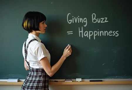 solo, ((stylish short black hair with yellow highlights and bangs)), ( Very pale ), beautiful female teacher writing on a black board, Dark makeup, ((tight plaid very short skirt and a short tie), pin stripes freckles, classroom, blackboard background, break; "Giving Buzz = Happyness" wrote on a black board, ,