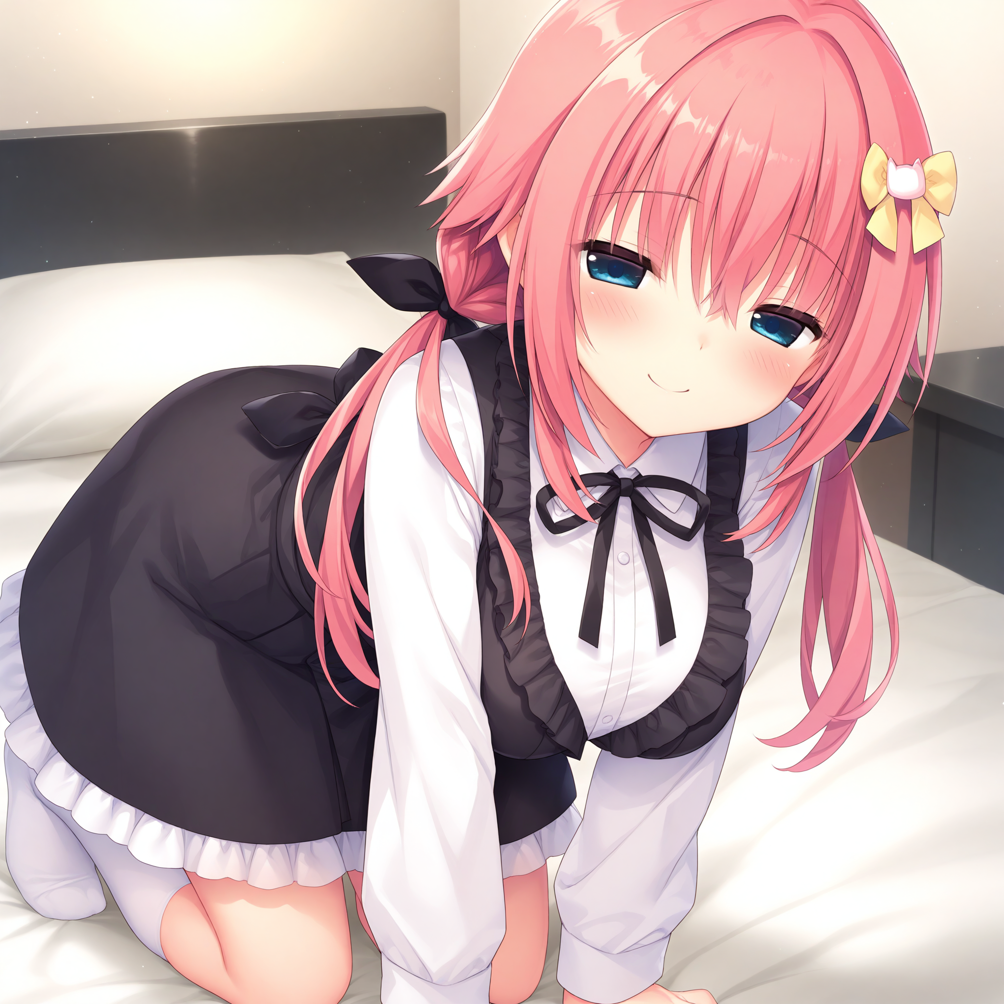 <lora:Tokiwa_Kano_1_nai-000047:1>,Tokiwa Kano,low twintails,black bow,hair bow,star hair ornament,
black dress,frilled dress,sleeveless dress,white socks,long sleeves,kneehighs,white shirt,frills,sleeveless,black ribbon,
1girl,solo,smile,on bed,kneeling,arm support,blush,half-closed eyes,front view,looking_at_viewer,face_focus,leaning forward,
