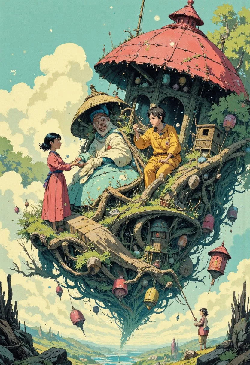 Create a beautifully detailed sketch capturing a fantastical and mystical world infused with lightness and wonder. The style should feature clean, expressive black outlines and luminous colors, reminiscent of high-quality Japanese animation. Use a harmonious palette of soft pastels and vibrant natural tones—golden yellows, delicate greens, sky blues, and coral pinks—balancing light and shadow to create a bright, airy atmosphere. The world should feel alive, with intricate details woven into the environment, evoking magical realism grounded in a believable, everyday setting.
Characters, rendered in a realistic yet approachable style, should exude depth and personality. Their natural, emotive expressions should reflect the complexities of their stories and themes. The atmosphere is fairytale-like yet profound, blending whimsical, otherworldly elements with grounded, meaningful subjects. The focus will be on a specific subject—The children hold onto Totoro’s fur as they soar through the sky on a spinning top, their laughter echoing. The night sky sparkles with stars, and the wind rushes through their hair as the vast forest spreads out below them—crafted to integrate seamlessly into the scene, while surrounding details evoke wonder and introspection. The composition radiates creativity, immersing the viewer in a serene, richly layered universe.
ghiblistyle