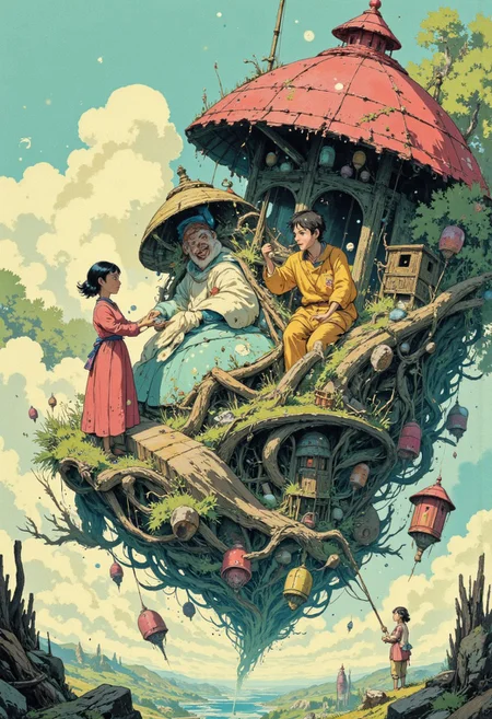 Create a beautifully detailed sketch capturing a fantastical and mystical world infused with lightness and wonder. The style should feature clean, expressive black outlines and luminous colors, reminiscent of high-quality Japanese animation. Use a harmonious palette of soft pastels and vibrant natural tones—golden yellows, delicate greens, sky blues, and coral pinks—balancing light and shadow to create a bright, airy atmosphere. The world should feel alive, with intricate details woven into the environment, evoking magical realism grounded in a believable, everyday setting.
Characters, rendered in a realistic yet approachable style, should exude depth and personality. Their natural, emotive expressions should reflect the complexities of their stories and themes. The atmosphere is fairytale-like yet profound, blending whimsical, otherworldly elements with grounded, meaningful subjects. The focus will be on a specific subject—The children hold onto Totoro’s fur as they soar through the sky on a spinning top, their laughter echoing. The night sky sparkles with stars, and the wind rushes through their hair as the vast forest spreads out below them—crafted to integrate seamlessly into the scene, while surrounding details evoke wonder and introspection. The composition radiates creativity, immersing the viewer in a serene, richly layered universe.
ghiblistyle