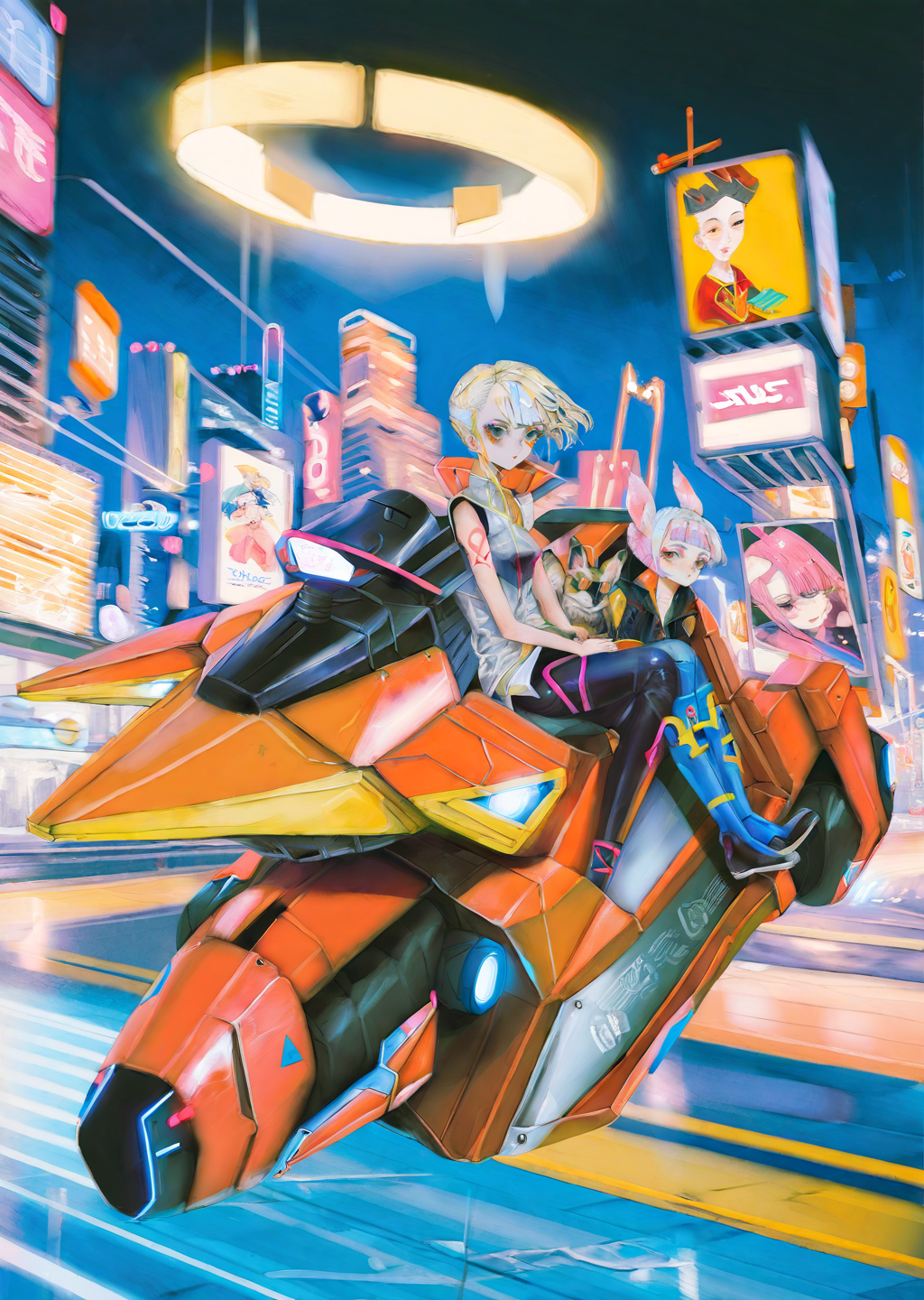by yogisya, 
1girl, lucy, lucy \(cyberpunk\),  cyberpunk edgerunners, 
cyberpunk world,  riding a mecha animal,  
  best quality, masterpiece,