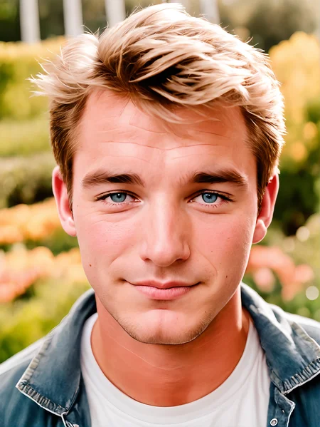 michaelsynth:0.3 man portrait, closeup:2, face focus, in the garden, smiling