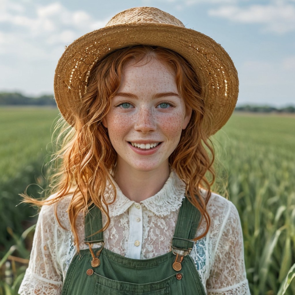 epiCRealism, 1girl, portrait of a farmer girl, bellissima, petit, slender, open smile, wearing green overalls over a white lace blouse, short sleeves, lace collar and lace on sleeves' rim, neck bow, messy and wavy copper hair, clean blue eyes, natural  beauty, no makeup, big eyes, freckles, large torn straw pointy hat , honest and cute face, wheat field being harvested in the background, hot summer day, sweat brow and temples, warm smile, parted lips, art by mooncryptowow, Detailed natural skin and blemishes without-makeup and acne