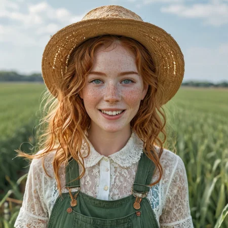 epiCRealism, 1girl, portrait of a farmer girl, bellissima, petit, slender, open smile, wearing green overalls over a white lace blouse, short sleeves, lace collar and lace on sleeves' rim, neck bow, messy and wavy copper hair, clean blue eyes, natural  beauty, no makeup, big eyes, freckles, large torn straw pointy hat , honest and cute face, wheat field being harvested in the background, hot summer day, sweat brow and temples, warm smile, parted lips, art by mooncryptowow, Detailed natural skin and blemishes without-makeup and acne
