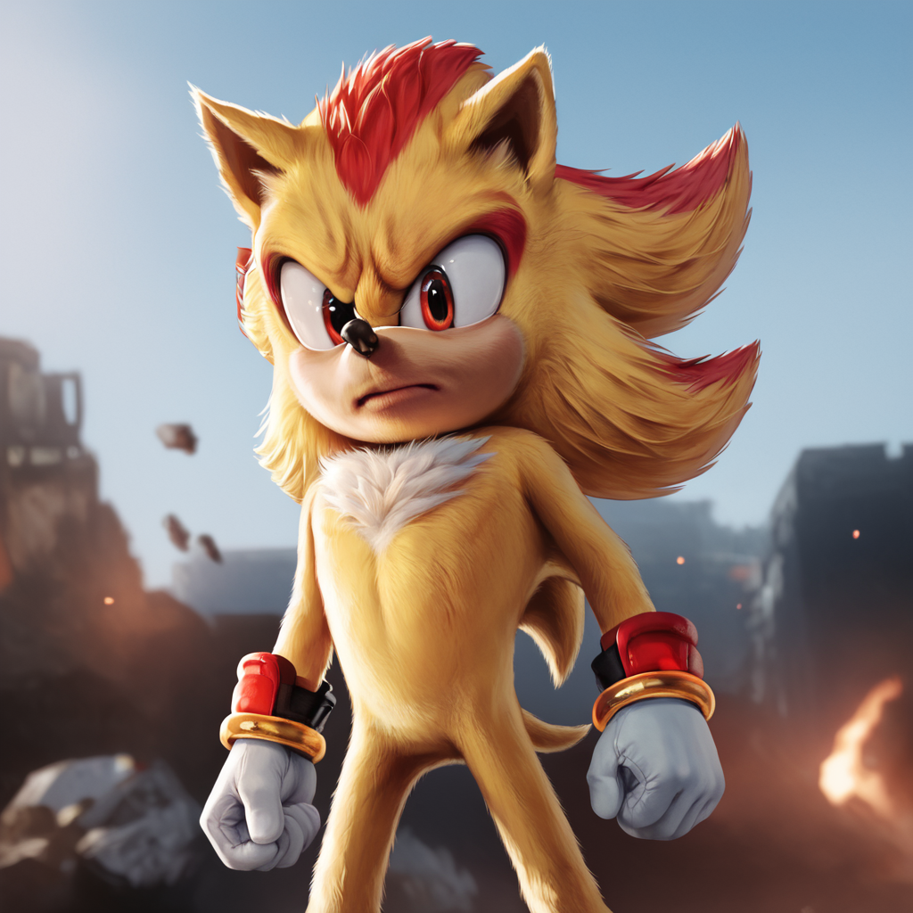 score_9_up, score_8_up, BREAK, ShadowtheEdgehog, 1boy, solo, furry, yellow fur, red hair, animal ears, red eyes, white gloves, cowboy shot, depth of field, arms at sides,  <lora:ShadowTheEdgehog_Movie3_PXL_Leaf1:1>, realistic, looking at viewer,  debris, blurry background, yellow aura