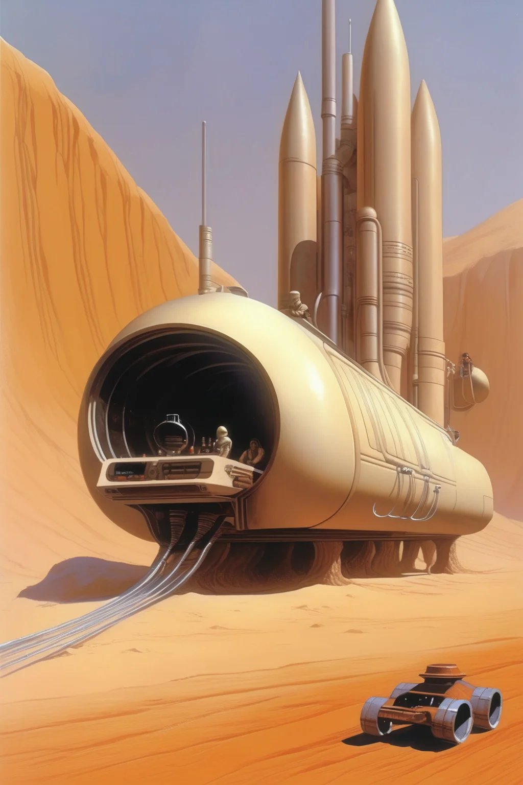 <lora:Angus McKie Style:1>Angus McKie Style - An illustration by Ralph McQuarrie of a futuristic spice harvester vehicle of the dune universe, the vehicle has some pipes through which it expels smoke