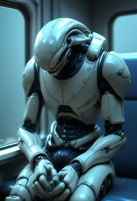score_9, score_8_up, score_9_up, SilverPulse, alien, 1girl, four arms, sitting in the train, reading on the tablet,