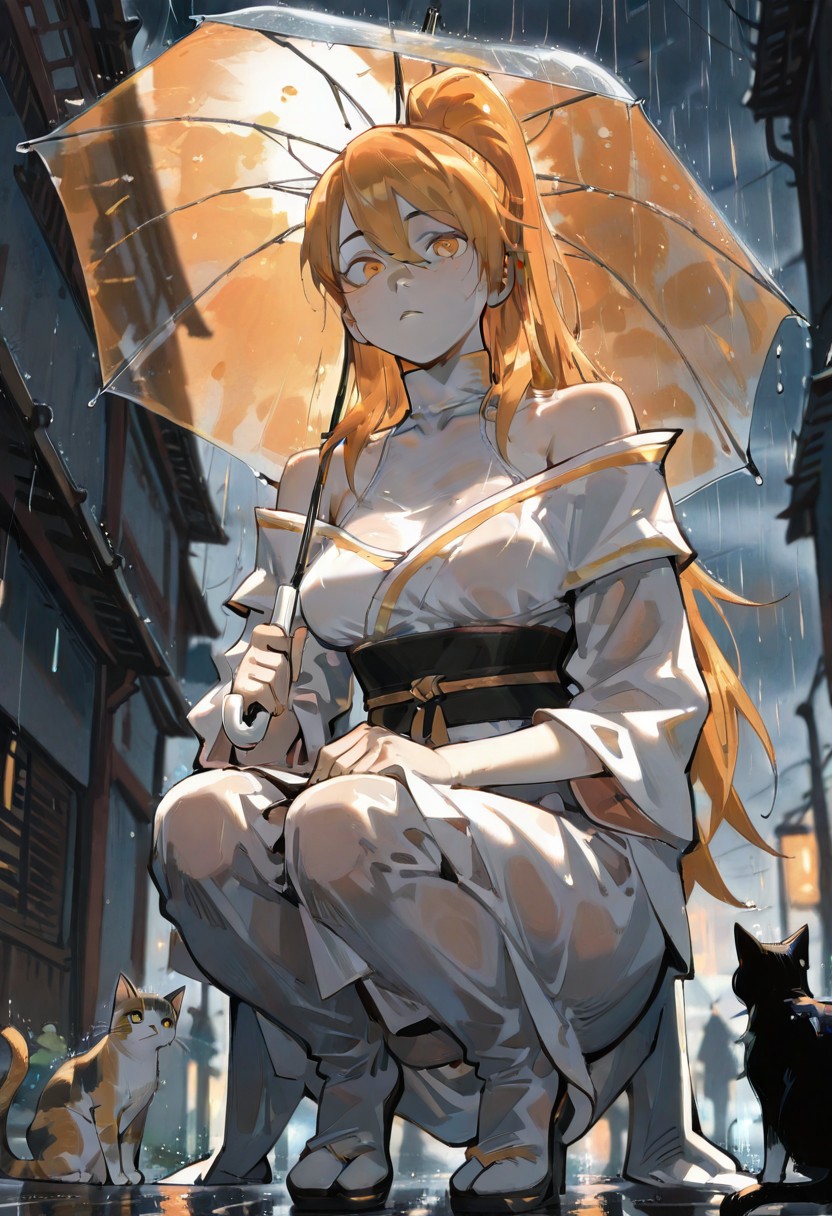masterpiece, best quality, amazing quality, very aesthetic, absurdres, newest, (From Below:1.2), Wide Shot, Vanishing Point, (Dutch Angle:1.1), From Side, Innocence, purity,Naughty,
xiaoninger, 1girl, ponytail, long hair, orange hair, bangs, orange eyes, bare shoulder, breasts, collarbone, hair between eyes, white dress, kimono, sash, two tones dress, turtleneck, rain, holding transparent umbrella, squatting, looking at viewer, cat,  blul night sky, colorful, shadowy lighting, cinematic atmosphere, high contrast, blurry background, raindrops disappearing into the sky perspective,