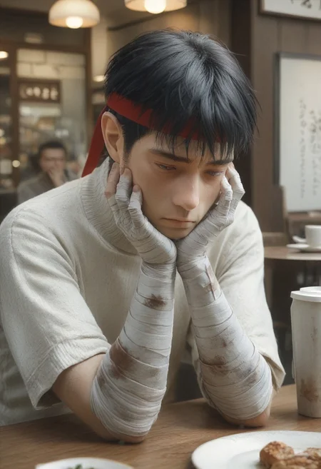 score_9, score_8_up, score_7_up, watercolor (medium),1boy, cestanim, cestvs, red headband, short black hair, bangs, blue eyes, bandaged hands, turtleneck sweater, white pants, elbow rest, hand on own face, tired, (half-closed eyes:2), indoors, cafe