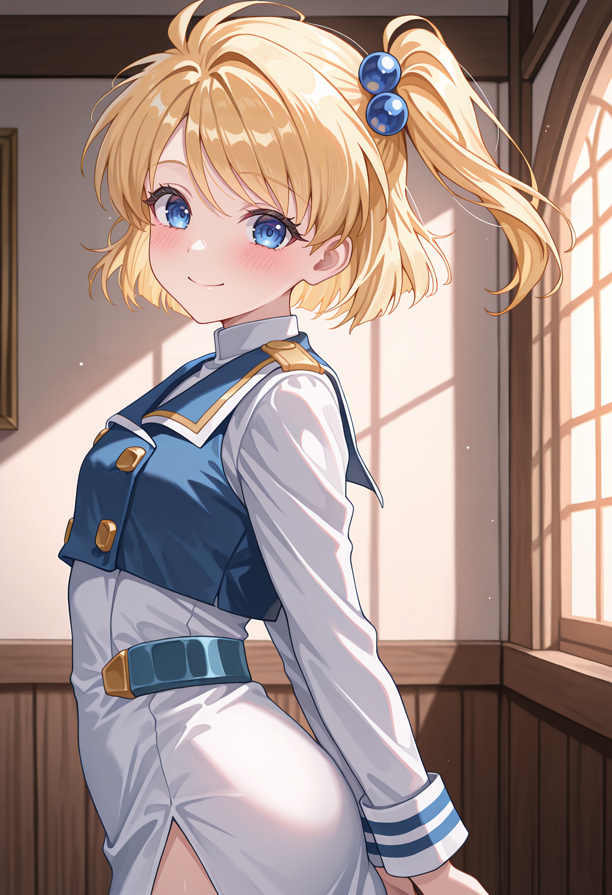highres, best quality, masterpiece, indoors,
1girl, solo, srtprecia, blonde hair, side ponytail, one side up, hair ornament, hair bobbles,
presrtdef, military dress, white dress, blue vest, long sleeves,
looking at viewer, blush, smile,
spread arms, from side, arms behind back, 
<lora:_precia_xenosakis-elesico-ilxlA:1>