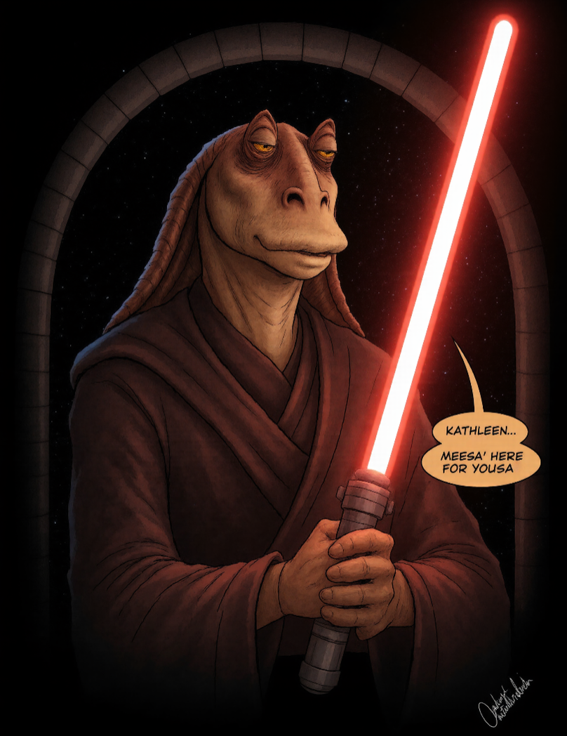 This is an extract from a comic book following the adventures of ((Darth_Jar)), a powerful Gungan Sith lord in the Star Wars Universe. The darkness around him partially obscures him; the only light source is his red lightsaber, which he wields in one hand. He looks slightly annoyed, his mouth closed. There is one (comic balloon on his right) saying (("Kathleen... Meesa' is here for yousa")). <lora:Darth_Jar_Flux:1>, <lora:TextimproverV0.4:0.5>,