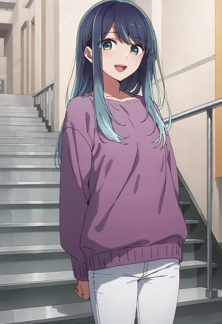 score_9, score_8_up, score_7_up, , score_ANIME,kurokawaakane, 1girl, solo, long hair, blue hair, open mouth, long sleeves, stairs, gradient hair, bangs, white jeans, purple sweater, aqua eyes, standing, railing, cowboy shot, arms at sides, indoors, looking at viewer, collarbone <lora:kurokawaakane_pony2:0.9> cowboy shot,smile