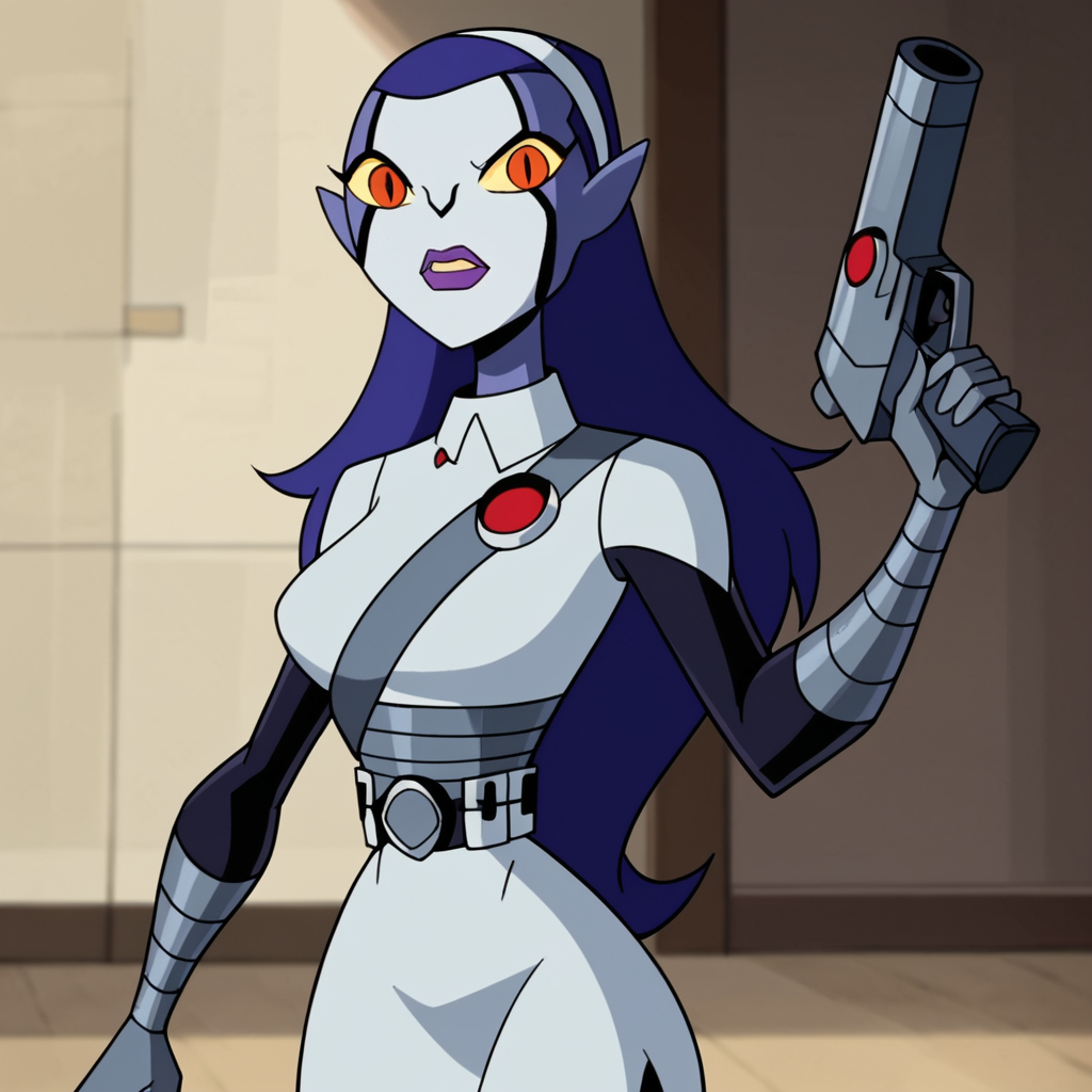 score_9, score_8_up, score_7_up, score_6_up, score_5_up, score_4_up, 1girl, purple hair, long hair, colored sclera, yellow sclera, hairband, red eyes, purple lips, blue skin, makeup, pointy ears, large breasts, narrow waist, wide hips, holding weapon, gun, looking at viewer, high quality, masterpiece, highres,  <lora:Rook_Shar:1>