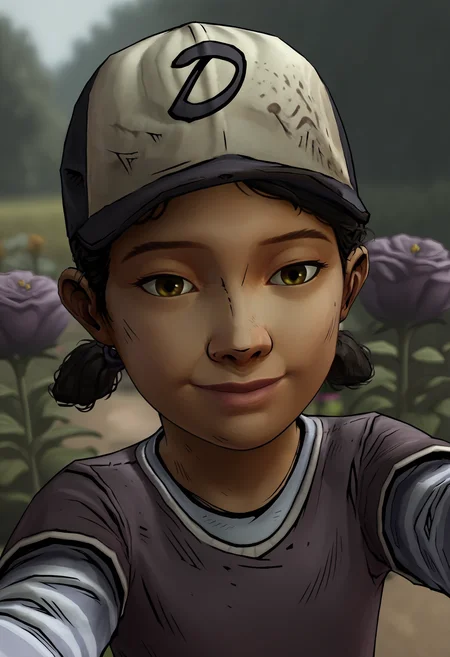 score_9, score_8_up, score_7_up, score_6_up, score_5_up, score_4_up, 1girl, <lora:ClementineS2:0.85> black hair, short twintails, brown eyes, dark skin, hat, baseball cap, shirt, layered sleeves, short over long sleeves, long sleeves, pants, upper body, lips, eyes half closed, smile, happy, looking at viewer, selfie pose,
(garden background), flowers, blurry background,