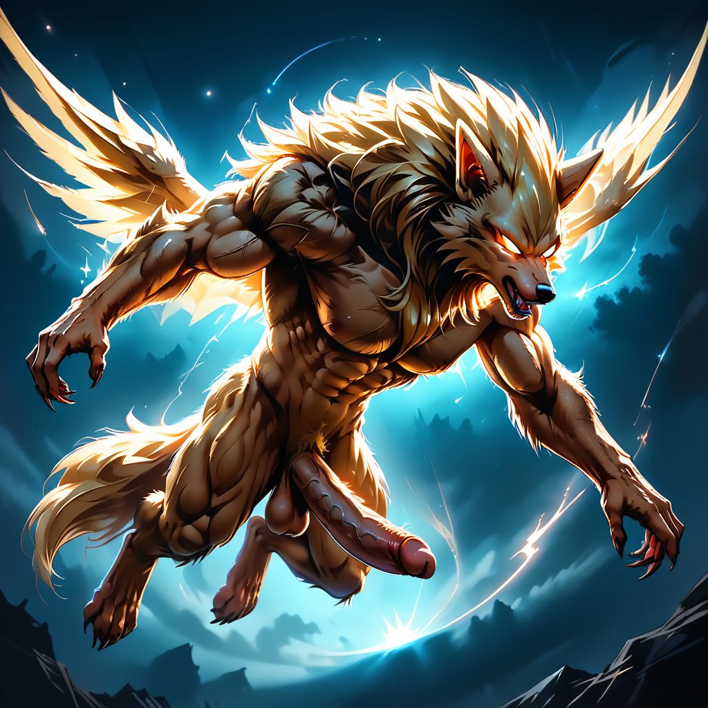 SCORE_9, SCORE_8_UP, SOURCE_FURRY, Expressiveh,  SSWW, GLOWING EYES, SUPER SAIYAN WEREWOLF, ANTHRO FURRY, LONG HAIR, FLYING, WINGS, HIGH RES, ANTIALIASING, VIVID TEXTURE, DETAILED BLACK PUPILS, BREAK. FULL BODY, (LARGE VAINY CANINE COCK:1.2), DISTANT GALAXY