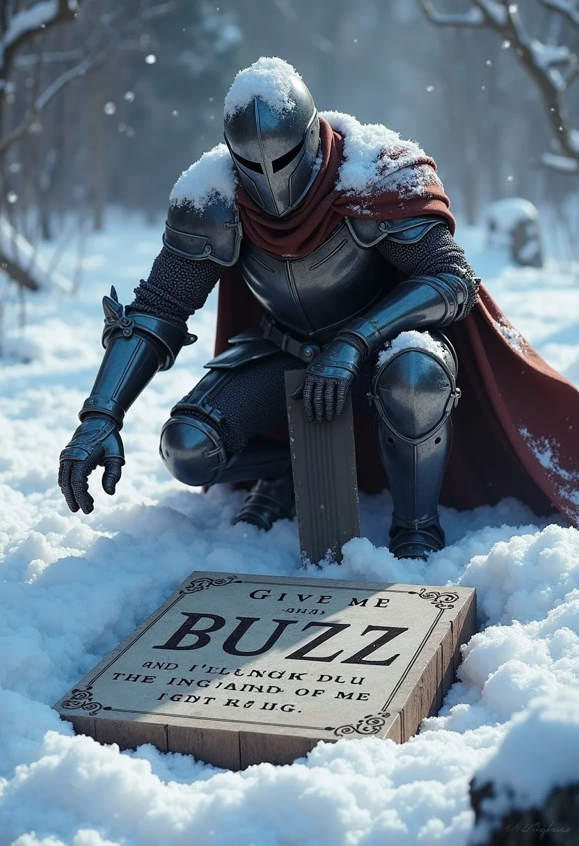 A knight crouched down and wiped the snow off the ground, revealing a marble tablet with the words "Give me BUZZ and I'll make you the Hand of the King"