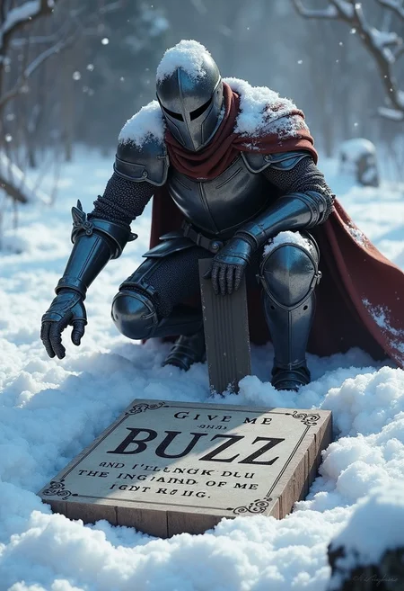 A knight crouched down and wiped the snow off the ground, revealing a marble tablet with the words "Give me BUZZ and I'll make you the Hand of the King"