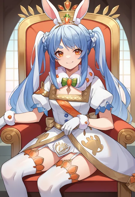 score_9, score_8_up, source_anime, 1girl, solo, PekoraPrincess, orange eyes, thick eyebrows, rabbit ears, two-tone hair, blue hair, white hair, long hair, twintails, braid, tiara, fur collar, white dress, frilled sleeves, short sleeves, gold-trim, white gloves, white thighhighs, garter straps, indoors, palace, sitting, on throne, smirk, <lora:ChamUsadaPekoraPonyXL:1>