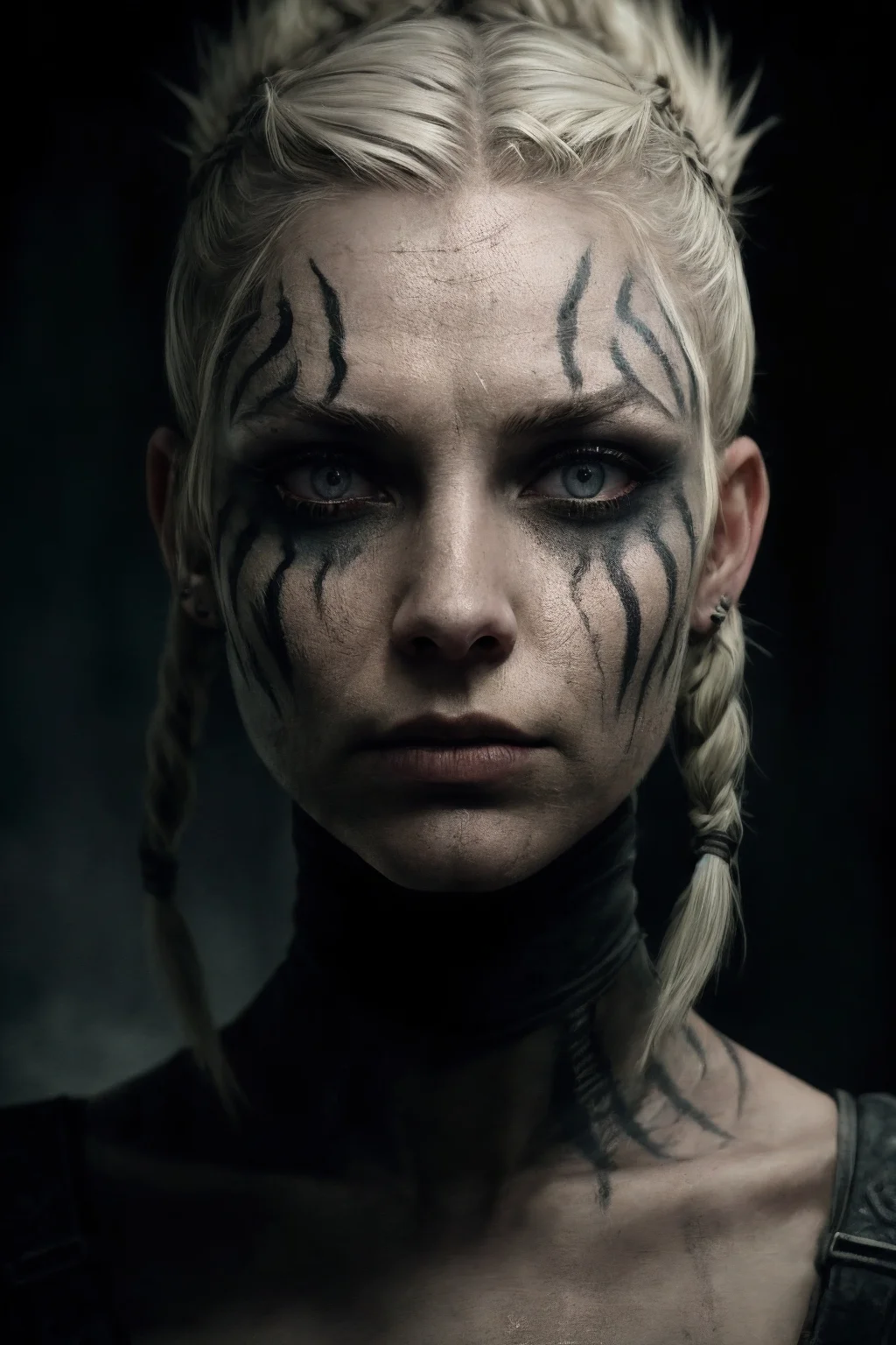 Horror-themed (extreme close shot of eyes :1.3) of nordic woman, (war face paint:1.2), mohawk blonde haircut wit thin braids, runes tattoos, sweat, (detailed dirty skin:1.3) shiny, (epic battleground backgroun :1.2), . analog, haze, ( lens blur :1.3) , hard light, sharp focus on eyes, low saturation, by ilya kuvshinov and flora bosil <lora:add_detail:0.7>
. Eerie, unsettling, dark, spooky, suspenseful, grim, highly detailed