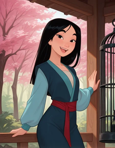 masterpiece, best quality, amazing quality, very aesthetic, absurdres, newest, detailed background, cowboy shot, 4k, 8k, forest, cherry tree,
mulanxd, 1girl, solo, black hair, long hair, cage, black eyes, birdcage, smile, open mouth, sash, long sleeves, looking at viewer,
<lora:Mulan_-_Disney_Illustrious:1>