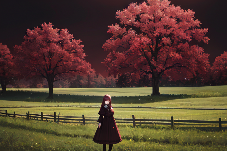 (otherworldly), highly insanely detailed, masterpiece, top quality, best quality, highres, 4k, 8k, RAW photo, (very aesthetic, beautiful and aesthetic), farm, fields, barn, fence, fantfa, <lora:FantasyFarm-10:0>, 
1girl, 
(warm maroon hair ), 
(pure black background,transparent background),âââ