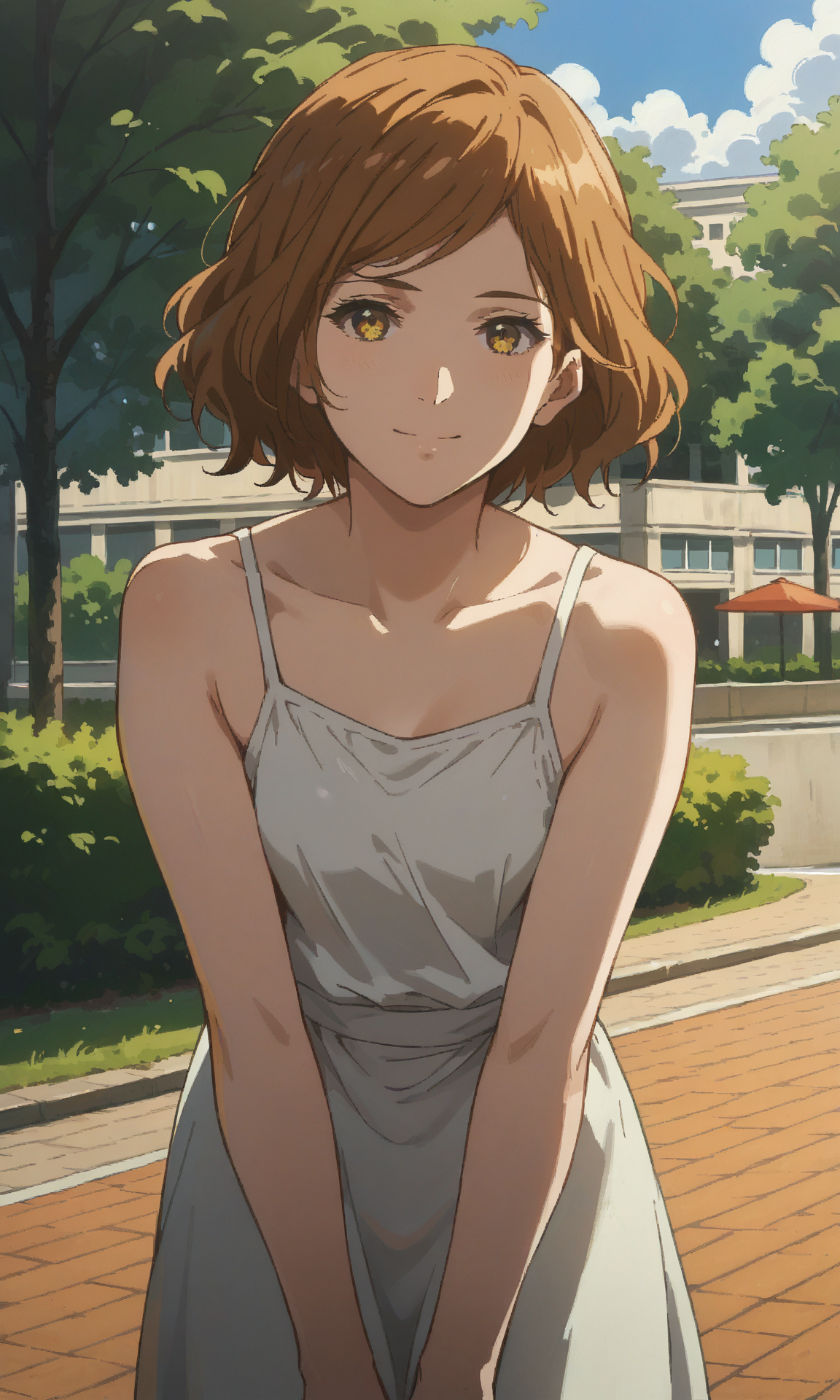 score_9, score_8_up, score_7_up, score_6_up, source_anime, mvirma, 1girl, yellow eyes, brown hair, solo, short hair, wavy hair, swept bangs, smile, closed mouth, sundress, bares shoulders, leaning forward, sunny, cowboy shot, street, park, sunny, cloud