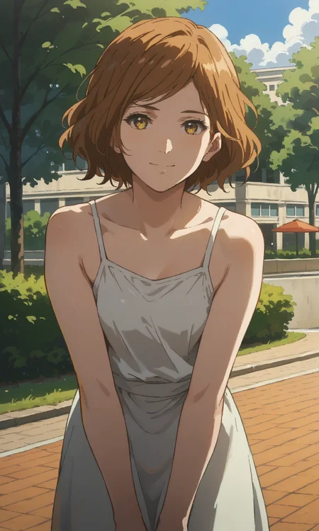 score_9, score_8_up, score_7_up, score_6_up, source_anime, mvirma, 1girl, yellow eyes, brown hair, solo, short hair, wavy hair, swept bangs, smile, closed mouth, sundress, bares shoulders, leaning forward, sunny, cowboy shot, street, park, sunny, cloud