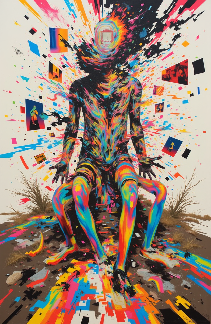 psycho_4rt: An abstract painting that captures a chaotic and fragmented scene of intertwined human forms dissolving into geometric patterns, blending seamlessly into the undefined background.