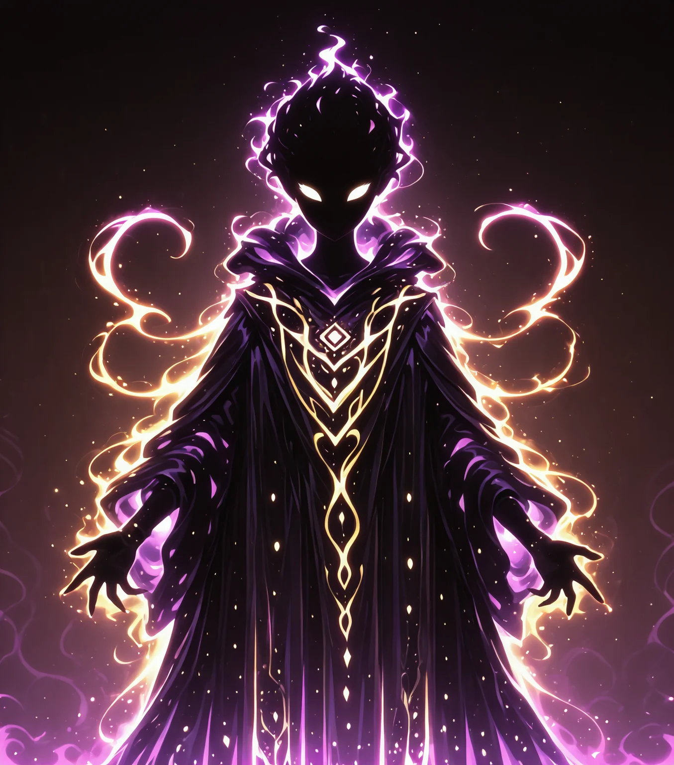 <lora:Shadows_v3_Buns:0.75> sh4d0wv3, black silhouette, solo, colorful aura, Mythic Artisan, intricately patterned robes, glowing artifacts, mystical workshop, endless horizon, masterpiece, best quality, amazing quality