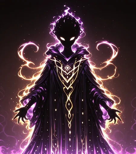 <lora:Shadows_v3_Buns:0.75> sh4d0wv3, black silhouette, solo, colorful aura, Mythic Artisan, intricately patterned robes, glowing artifacts, mystical workshop, endless horizon, masterpiece, best quality, amazing quality