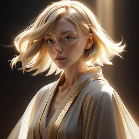 ((8k, best quality, masterpiece, extremely detailed, Rule of thirds)), (((light play, shadow play))), ((abstract background)), ((glamour photography)), ((cinematic, film grain)), ((anime aesthetic)), ((provocative)), ((soft light passing through hair)), ((short blond hair, floating hair)), ((cleric, cleric-robes, flowing robes, sheer, holy-light)), ((dynamic pose)), radiant-aura, profile-shot, close-up, eyes closed, reflective, shiny,