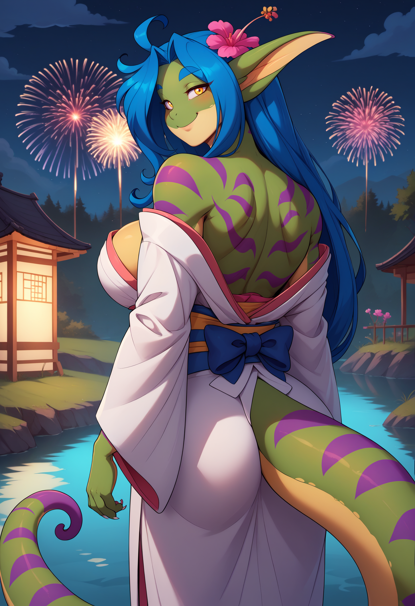 score_9, score_8_up, score_7_up, BREAK 1girl, solo, gcku, two-tone skin, yellow eyes, lizard girl, animal ears, lizard tail, blue hair, long hair, large breasts, hair flower, claws, <lora:GeeckuPDXL_V1-Manityro-CAME:1.0>, outdoors, night, dark, fireworks, river,
looking at viewer, looking back, smile, cowboy shot, toned, rear view,
white kimono, off-shoulder kimono,