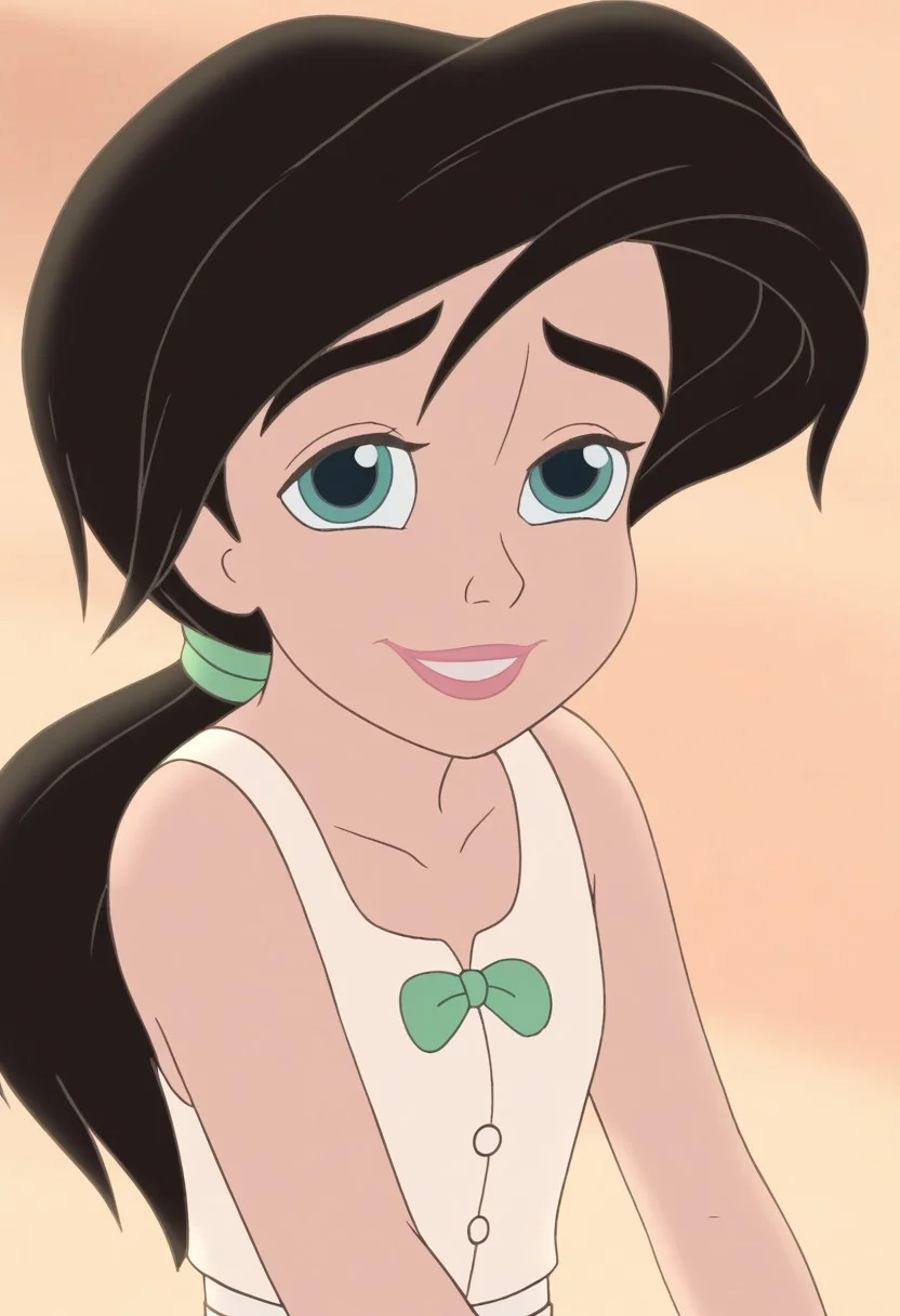 close up,melody,aqua eyes,black hair, ponytail,pink lips,smile,thick eyebrows,arms down,white undershirt,sleeveless,green bowtie,green hairband,white pantalettes,beach background