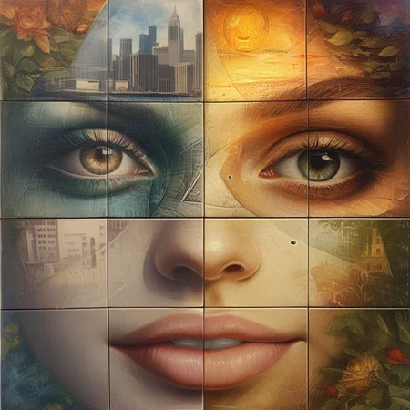 art4qd, 4 quadrants, eye focus, multiple girls, city, outdoors, sun, parted lips, smile