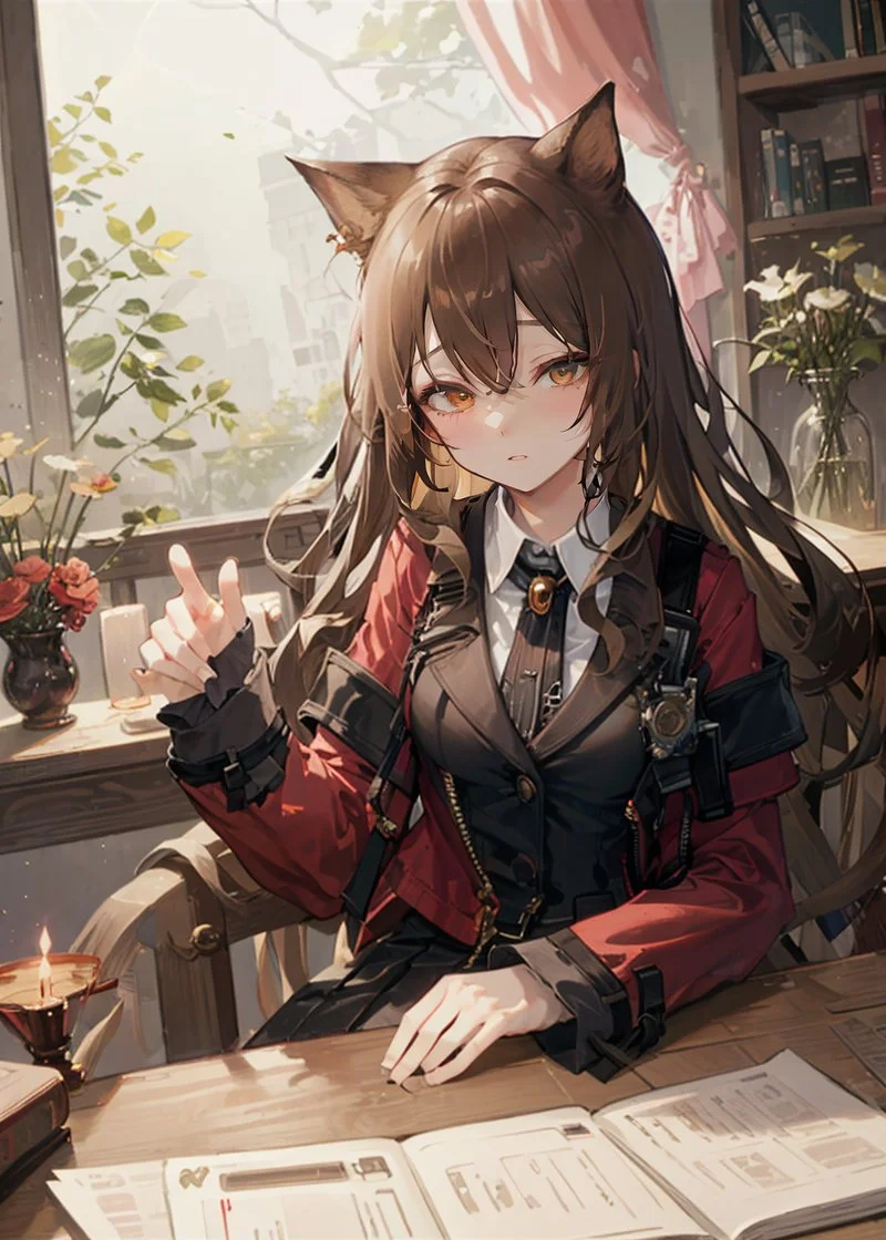 (dutch angle), (intricate details), colorful, (faux traditional media), from below + (from side:0.8),
<lora:skyfire_04:0.8>, skyfire \\(arknights\\), arknights, wearing black blazer under cropped red jacket, cat ears, (cat tail), pantyhose, black skirt, black necktie, white collared shirt, brown hair, anime nose, messy hair, unkempt, half-closed eyes, one eye closed,
(night), (depth of field), curtain, scenery, overgrown, (scattering glow white particless:1.3), luminous lights, books, bookshelf, tabletop picture frame, shrine, (church), (decorative plant:0.92), (lens flare), candlelight, candlestand, flowers, vase, vines, overgrown, table, scrolls and papers on table,