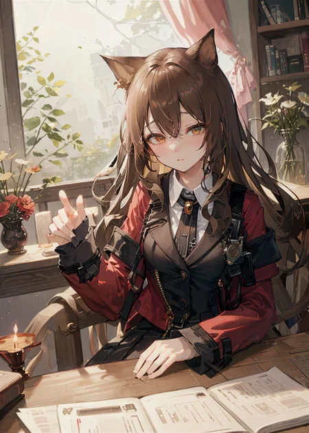 (dutch angle), (intricate details), colorful, (faux traditional media), from below + (from side:0.8),
<lora:skyfire_04:0.8>, skyfire \\(arknights\\), arknights, wearing black blazer under cropped red jacket, cat ears, (cat tail), pantyhose, black skirt, black necktie, white collared shirt, brown hair, anime nose, messy hair, unkempt, half-closed eyes, one eye closed,
(night), (depth of field), curtain, scenery, overgrown, (scattering glow white particless:1.3), luminous lights, books, bookshelf, tabletop picture frame, shrine, (church), (decorative plant:0.92), (lens flare), candlelight, candlestand, flowers, vase, vines, overgrown, table, scrolls and papers on table,