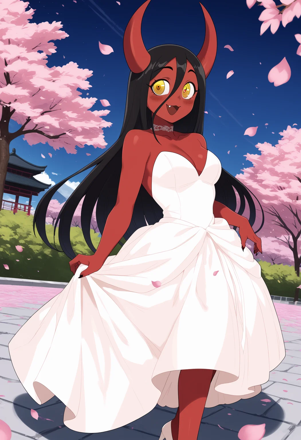 score_9, score_8_up, score_7_up, flat color BREAK
1girl, lilian, black hair, long hair, hair between eyes, yellow eyes, ringed eyes,
red skin, colored skin,
demon girl, demon horns, fang,
choker, white high heels, strapless wedding dress, looking at viewer, blush, smile, petals, cherry trees, solo, japanese park background <lora:LilianXL:1>