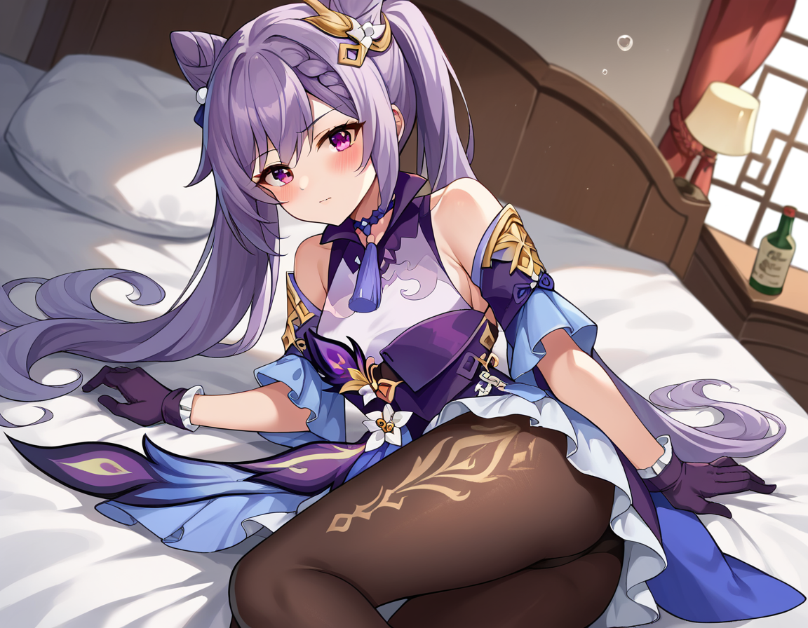 score_9, score_8_up, score_7_up, source_anime,
keqing, <lora:genshin-keqing-ponyxl-lora-nochekaiser:1>,
keqing, braid, cone hair bun, hair bun, hair ornament, long hair, purple eyes, purple hair,
bare shoulders, black pantyhose, detached sleeves, dress, gloves,
indoors, bed, bed room, on side, blush, drunk,
looking at viewer, cowboy shot, dutch angle,