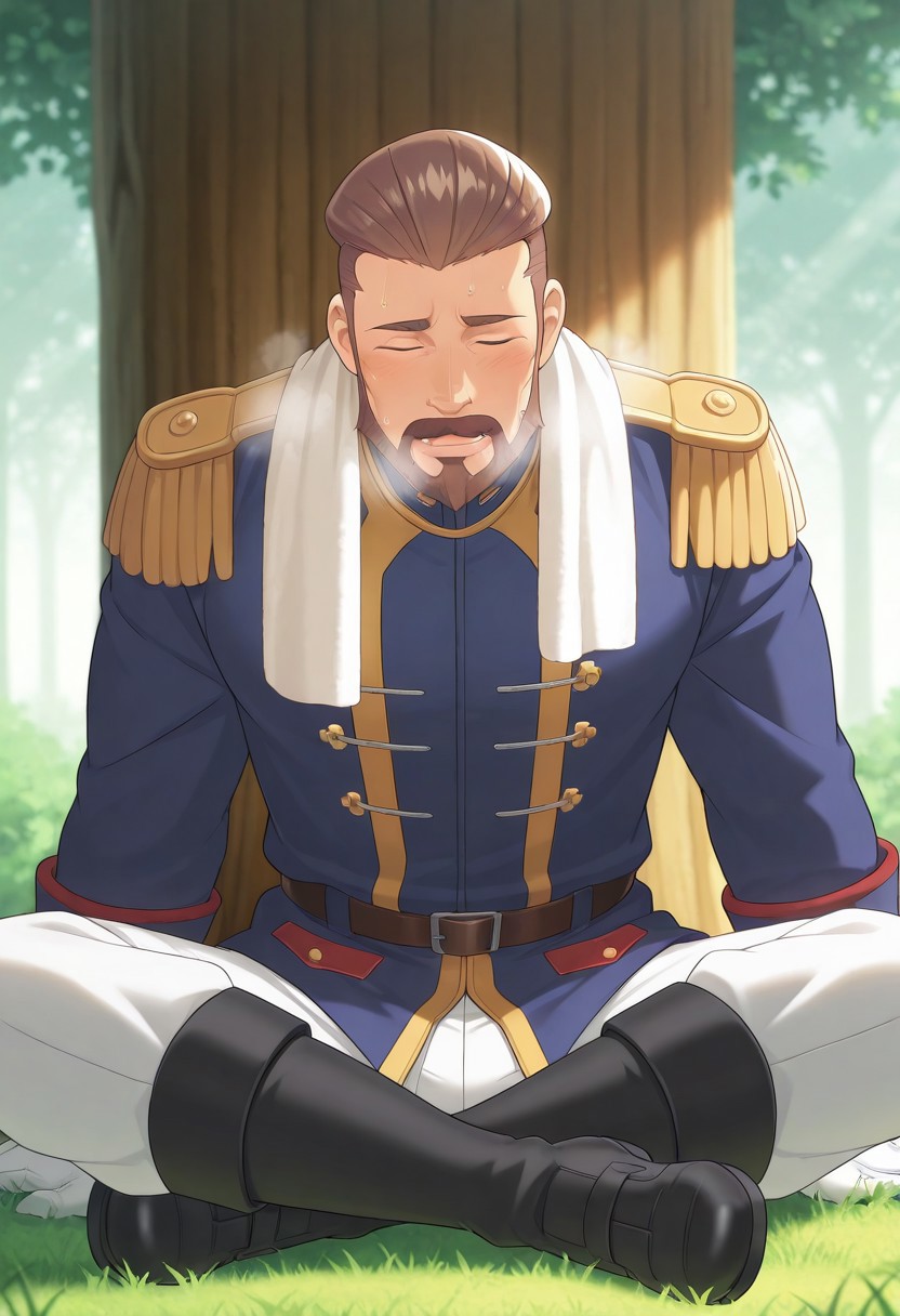 solo, masterpiece, detailed, uwa, huge filesize, ultra hd, best quality, male focus, (absurdres, highres), 1boy, official art, bright, LeopoldAuvergne, brown hair, short hair, hair slicked back, forehead, aqua eyes, thick eyebrows, beard, mustache,  adult, mature, military jacket, blue jacket, long sleeves, double-breasted, epaulettes, fringe trim, gold trim, white gloves, white pants, black boots,
 solo, dinamic angle, resting, sitting on the ground, Indian style, under the shade of a tree, towel around neck, exhausted, (panting, out of breath, gasping for air, sweating)