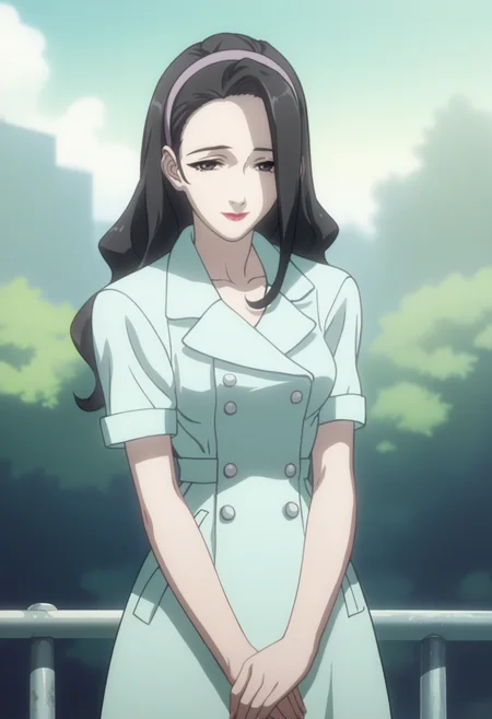 score_9, score_8_up, score_7_up, score_6_up, anime screencap, anime coloring, <lora:Marnie_epoch_9:0.8>, Marnie, 1girl, solo, black hair, long hair, black eyes, hairband, lipstick, breasts, 
nurse, white pantyhose, 
looking at viewer, smile, cowboy shot, v arms, 
BREAK outdoors, sunlight, sunbeam, sky, day,