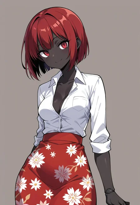 score_9, score_8_up, score_7_up, score_6_up, score_5_up, 1girl, solo, red hair, short hair, bob cut, (black skin:1.2), red eyes, medium breasts, (doll joints:1.1), wide hips, dress shirt, long skirt, floral skirt, smile, black skin, shiny skin, petite, skinny