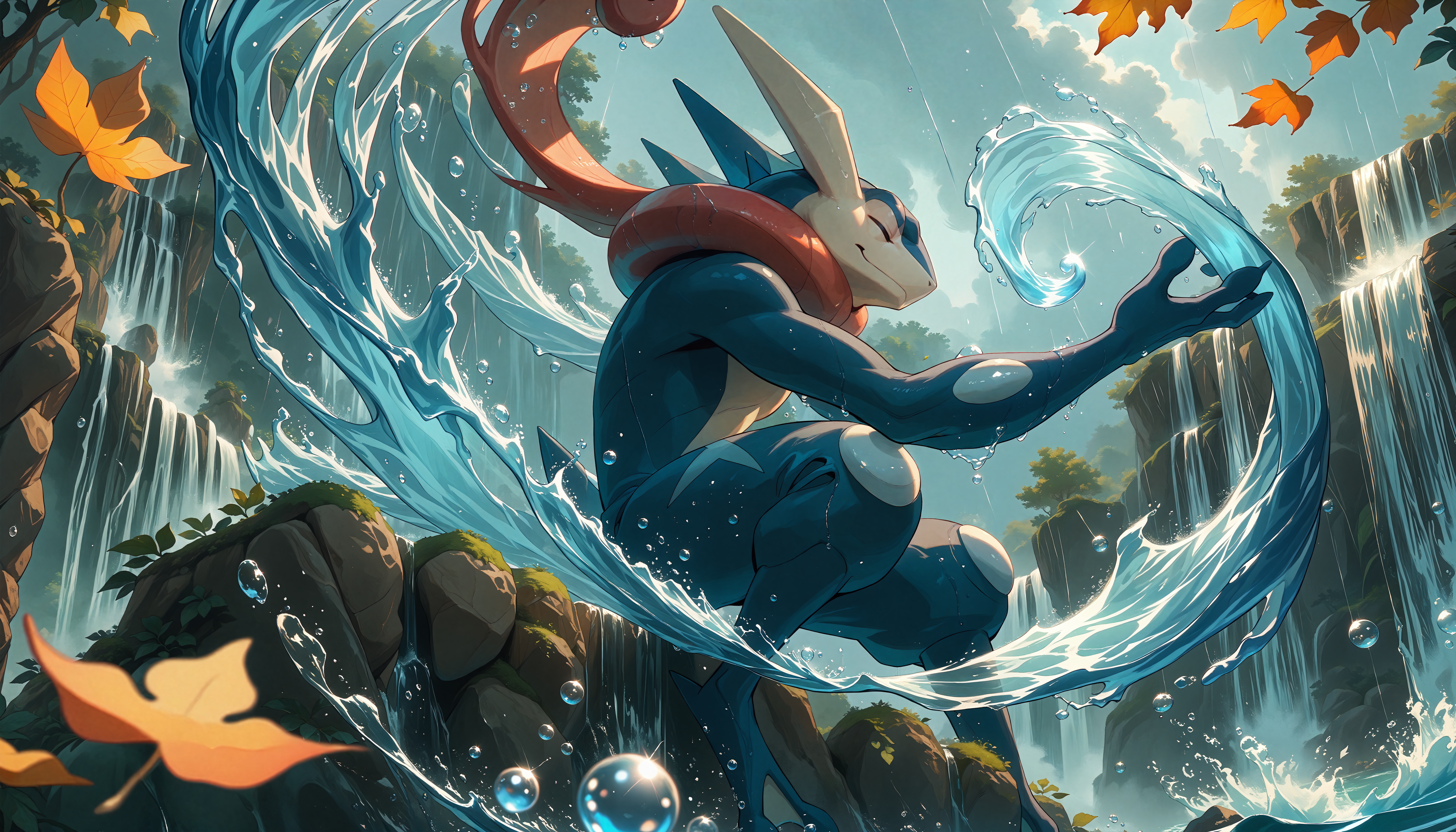 score_9,score_8_up,score_7_up,score_6_up,<lora:StS_PonyXL_Detail_Slider_v1.4_iteration_3:6>,<lora:POKEMON_GRENINJA:1>,Greninja,pokemon (creature),closed eyes,close up,from below,sitting,meditation,<lora:Water_magic_Magic_PACK:1>,watmagmb,water,Waves,Water ball,Water spiral,Water vortex,waterfall,rain,falling leaves,