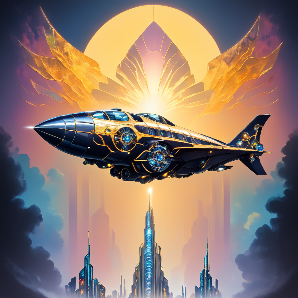 core_9, score_8_up, score_7_up,  <lora:Art_DecoPony:1> ArsMJStyle, Art Deco, The futuristic cityscape of Fritz Lang's "Metropolis," reimagined in classic Art Deco style, with soaring skyscrapers, zigzag patterns, and sleek flying vehicles set against a dramatic sunset sky.