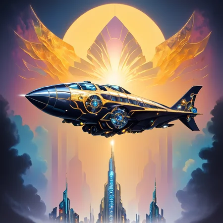 core_9, score_8_up, score_7_up, <lora:Art_DecoPony:1> ArsMJStyle, Art Deco, The futuristic cityscape of Fritz Lang's "Metropolis," reimagined in classic Art Deco style, with soaring skyscrapers, zigzag patterns, and sleek flying vehicles set against a dramatic sunset sky.