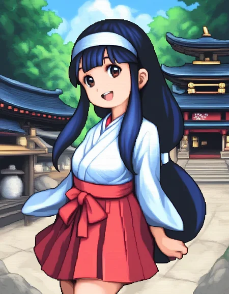 score_9, score_8_up, score_7_up, source_anime, rating_explicit, BREAK <lora:Sayo-chan_XL:1> sayo-chan, long hair, blue hair, hairband, white hairband, low-tied long hair, bangs,black hair, sidelocks, blunt bangs,
1girl, solo, japanese clothes, miko, smile, red hakama, hakama, skirt, bow, hakama skirt, brown eyes, open mouth,
shrine, rope, tree, outdoors,
smile,
looking at viewer,
cowboyShot,