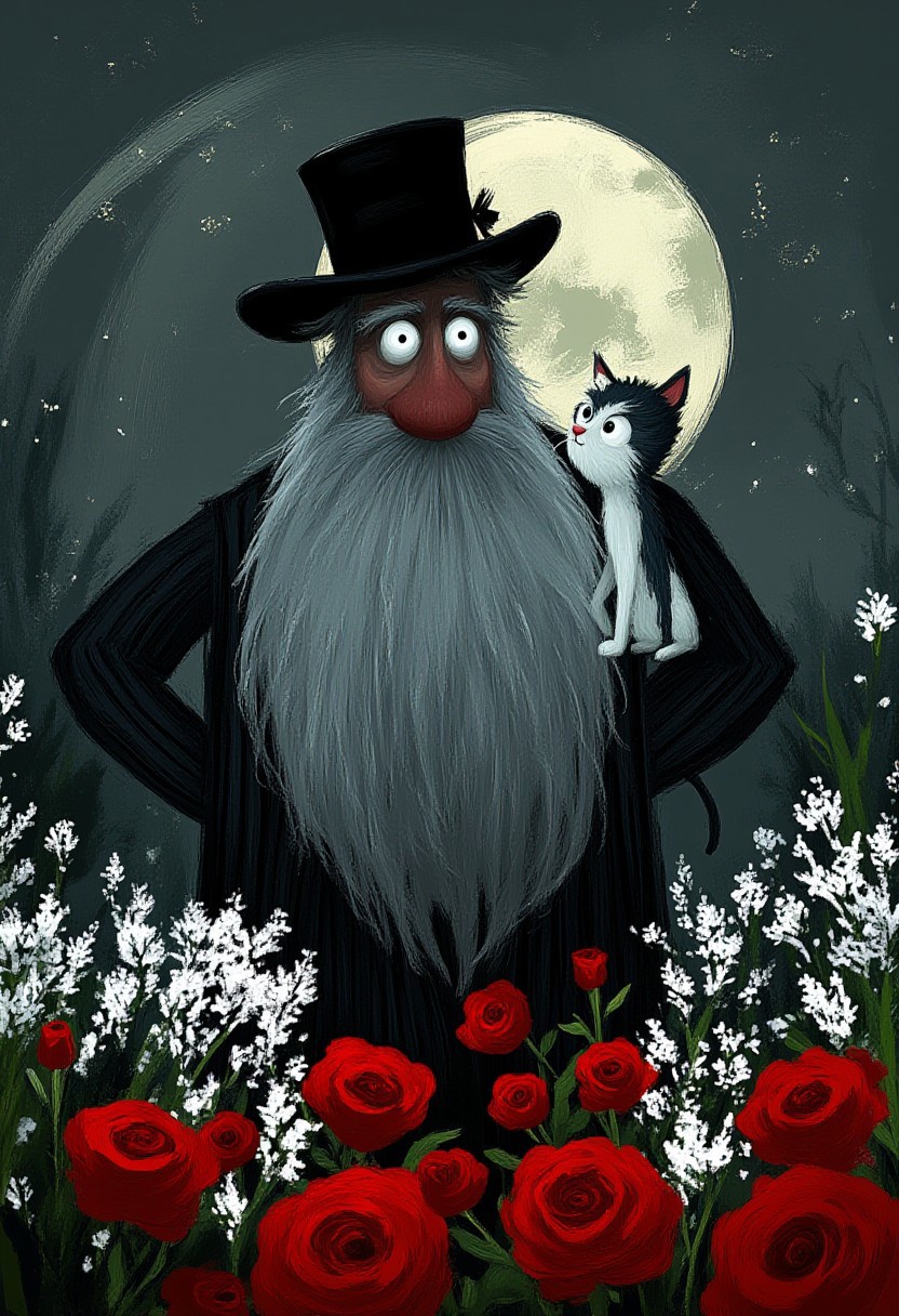 A whimsical illustration of a bearded man with his lanky cat in dark whimsical art style, wearing top hat and striped suit, standing among red roses and white snowdrops, digital painting with expressive brushstrokes, moonlit garden background, characteristic Tim Burton inspired design with matching bright eyes