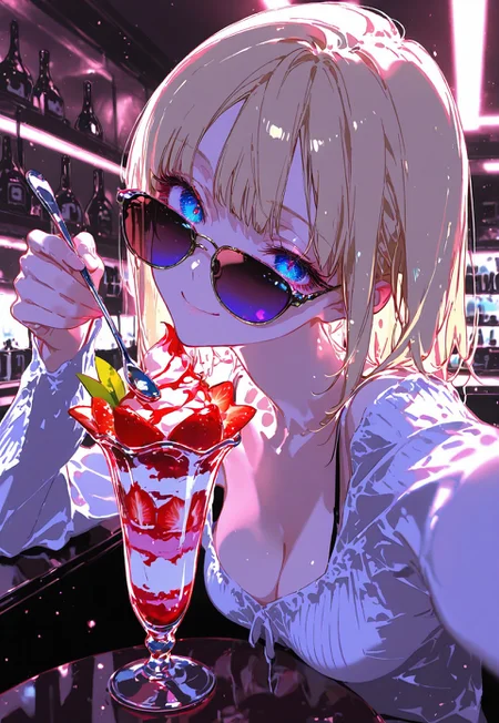 masterpiece, best quality, good quality, newest, highres, absurdres, volumetric lighting,gradient color, uncensored, raytracing, volumetric lighting, ambient occlusion, girl, background, masterpiece, best quality, very awa, ambient occlusion, raytracing, soft lighting, blum effect, masterpiece, absolutely eye-catching, particles, glow, shining, intricate cinematic background, (beautiful face), cleavage, medium breasts, masterpiece,amazing quality,best quality,ultra-detailed,8K,illustration,CG, ultra-detailed-eyes, detailed background,cute girl, eyelashes, expressive eyes,
sexy, slutty, hot, aroused,
BREAK
girl feeding the viewer, blonde hair, sitting, casual clothing, indoors, cafe, parfait, head tilt, smile, sunglasses, holding spoon, feeding you, pointing spoon at viewer, pov, 
(perspective:2.0), (by yoneyama mai, rolua, roitz \( roitz \):1.25), colored lines,