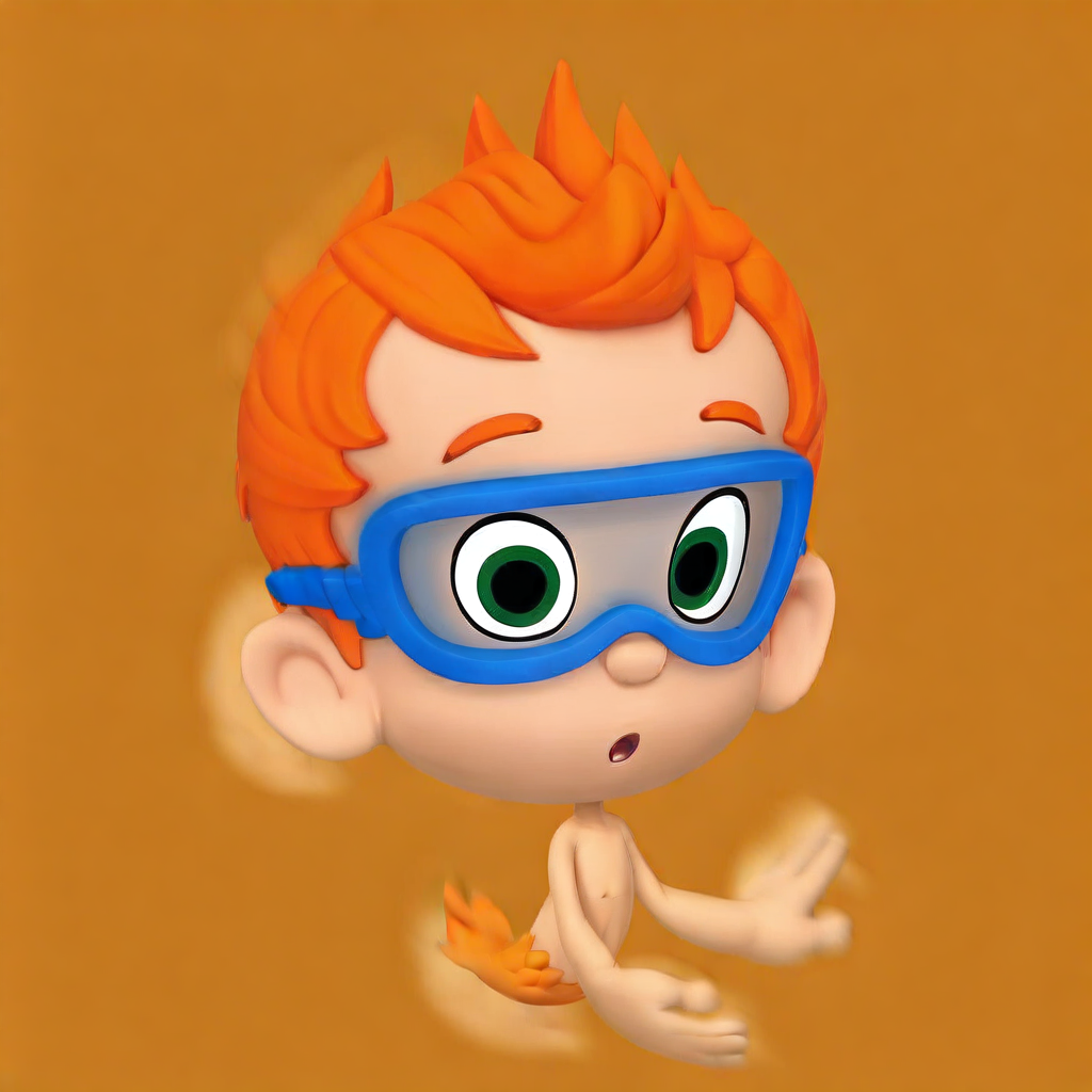 glasses, motion blur, sand, blurry, NonnyBubbleGuppies, blue-framed eyewear, blue scuba goggles, green eyes, four fingers, upper body, underwater, brown background, solo, chibi, merman, day, orange hair, socks, ocean, topless male, orange background, tail, open mouth