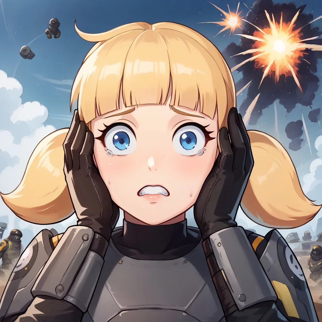 score_8, score_8_up, score_7_up, score_6_up, source_cartoon BREAK, 1girl, solo, female focus, 1girl, penny_ig, blonde hair, twintails, blue eyes, looking at viewer, scared, hands on own head, Helldiver_Helldivers, alien planet background, blasted battlefield background, craters, explosion,